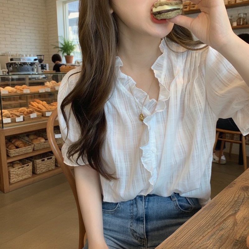 정교한 자수 순면 여성 셔츠