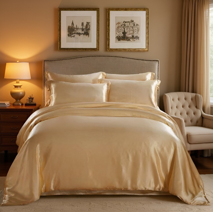 Lightweight and breathable silk comforter draped over bed