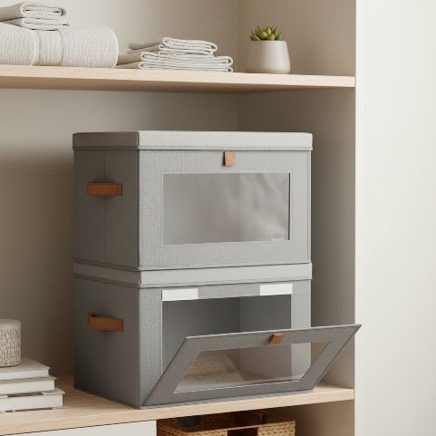 Side-opening fabric folding storage box with lid and transparent window, wardrobe clothing organizer