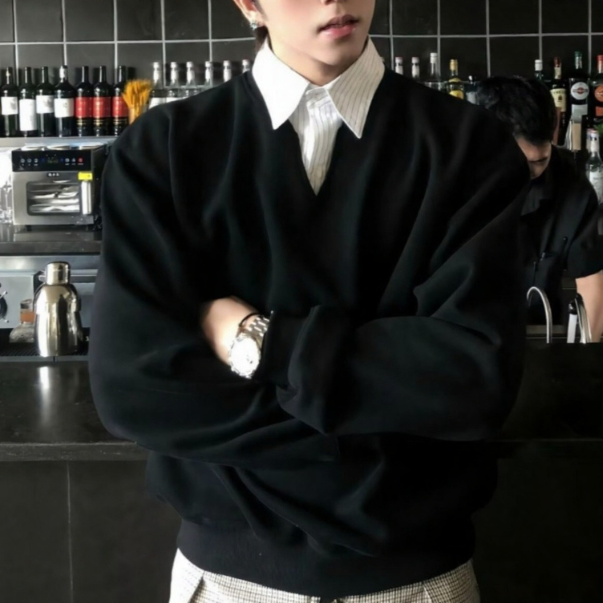 黑色假两件衬衫领卫衣男秋冬cleanfit高级感学院风长袖polo衫上衣