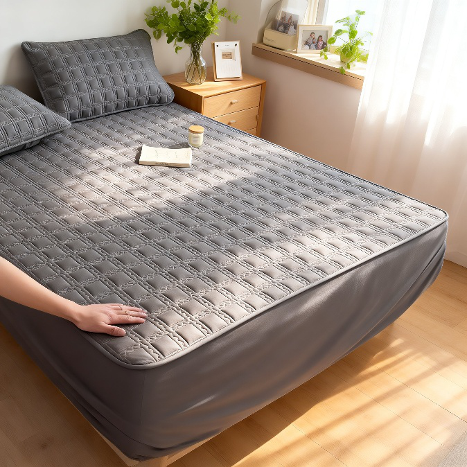 厚手キルティングフィットシーツ、一枚仕立て、様々なベッドに対応