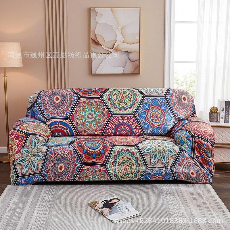 Full coverage elastic sofa slipcover in living room