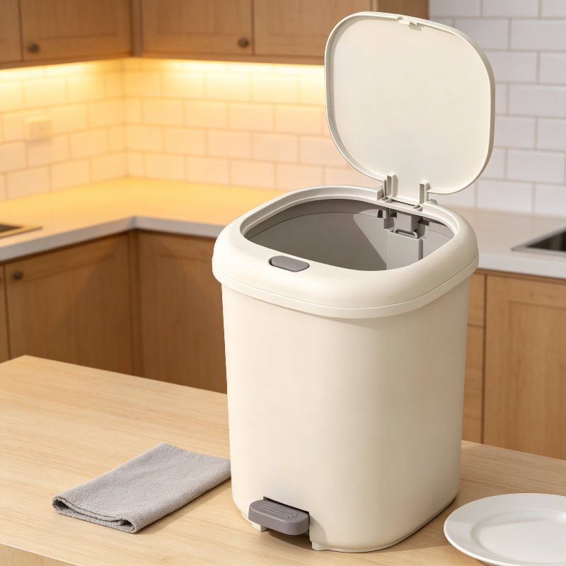 Cubo de basura con tapa cerrada para máxima higiene