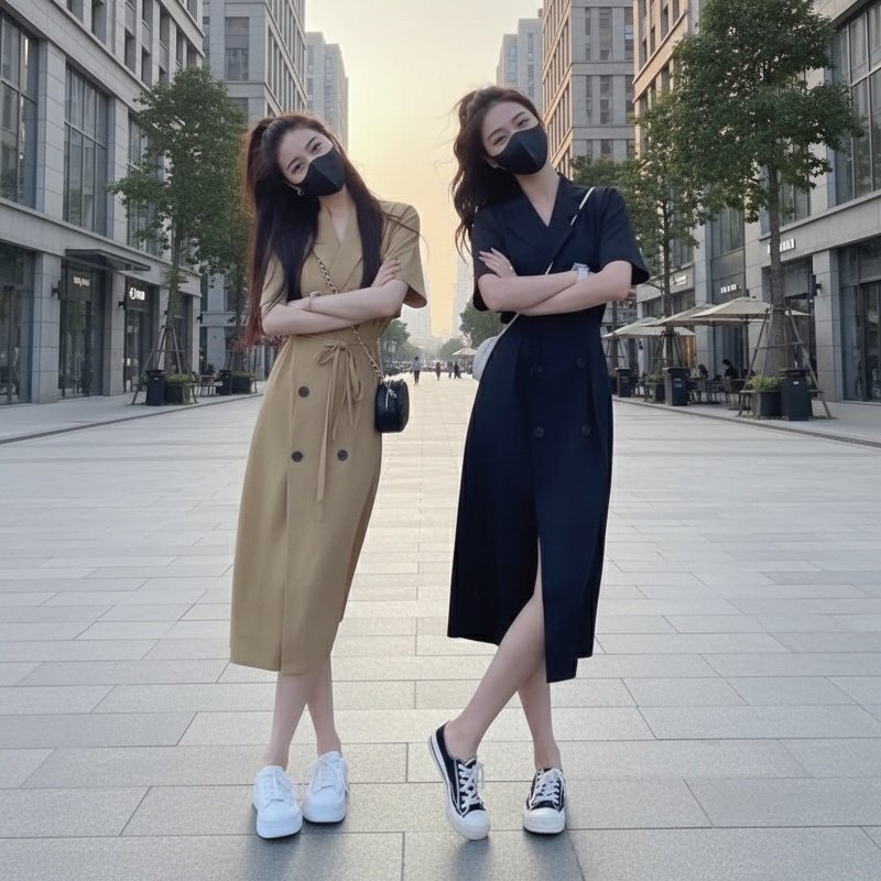 여름 루즈핏 슬림핏 정장넥 롱스커트 여 퓨어 원피스