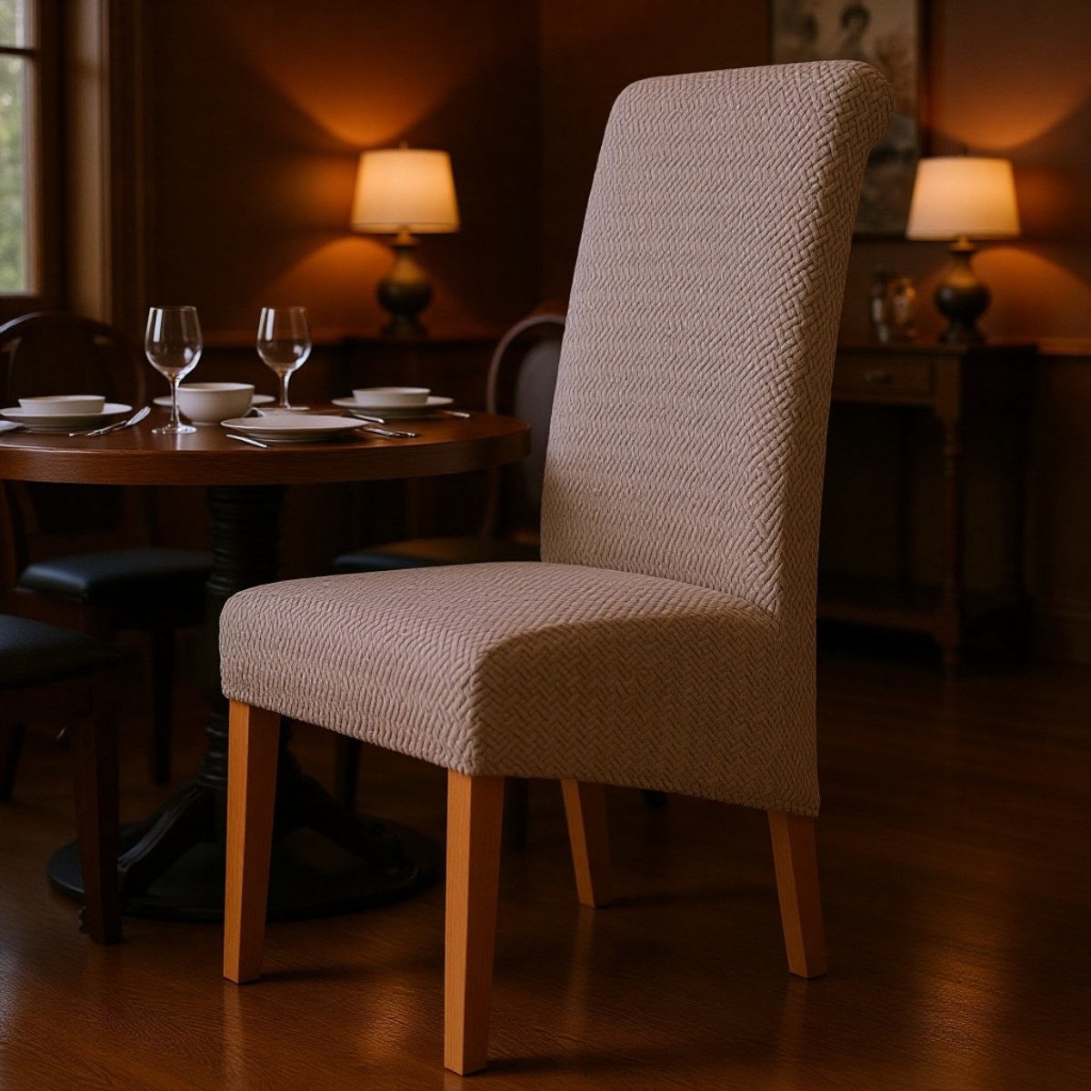 Chaise de salle à manger en tissu jacquard extensible, dossier haut, pour hôtel