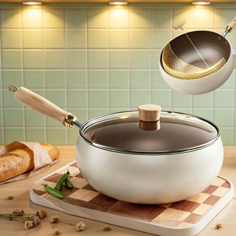 Detalle de la olla de cristal de titanio con verduras frescas