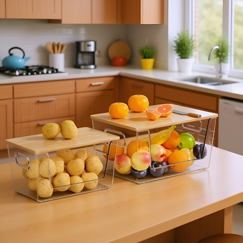  대용량 대나무 뚜껑 PET 다층 투명 수납함