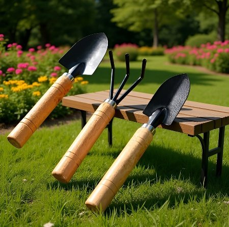 Rozsdamentes acél kompakt kerti szerszámkészlet ergonomikus fa nyéllel