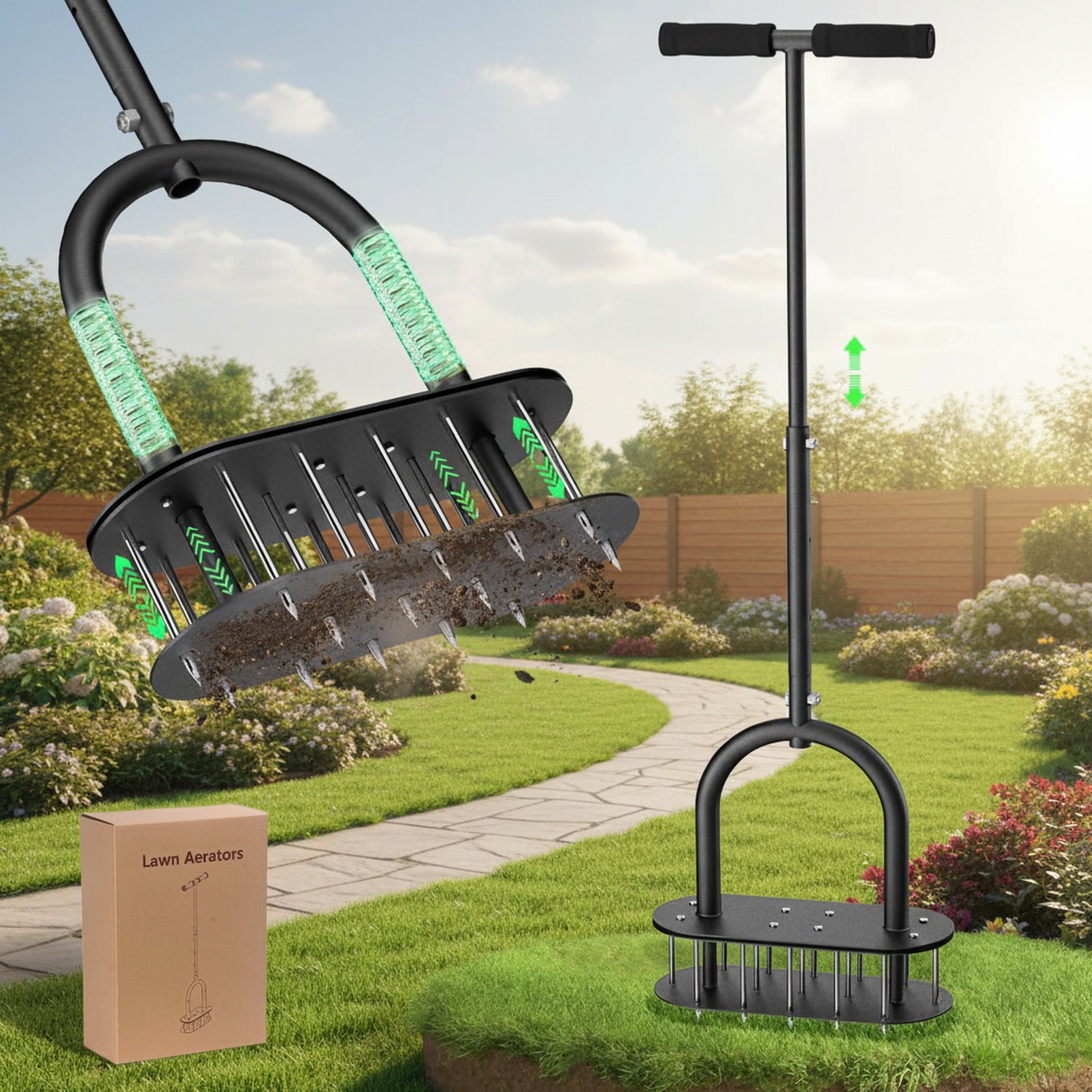 Carbon steel lawn aerator with ergonomic handle