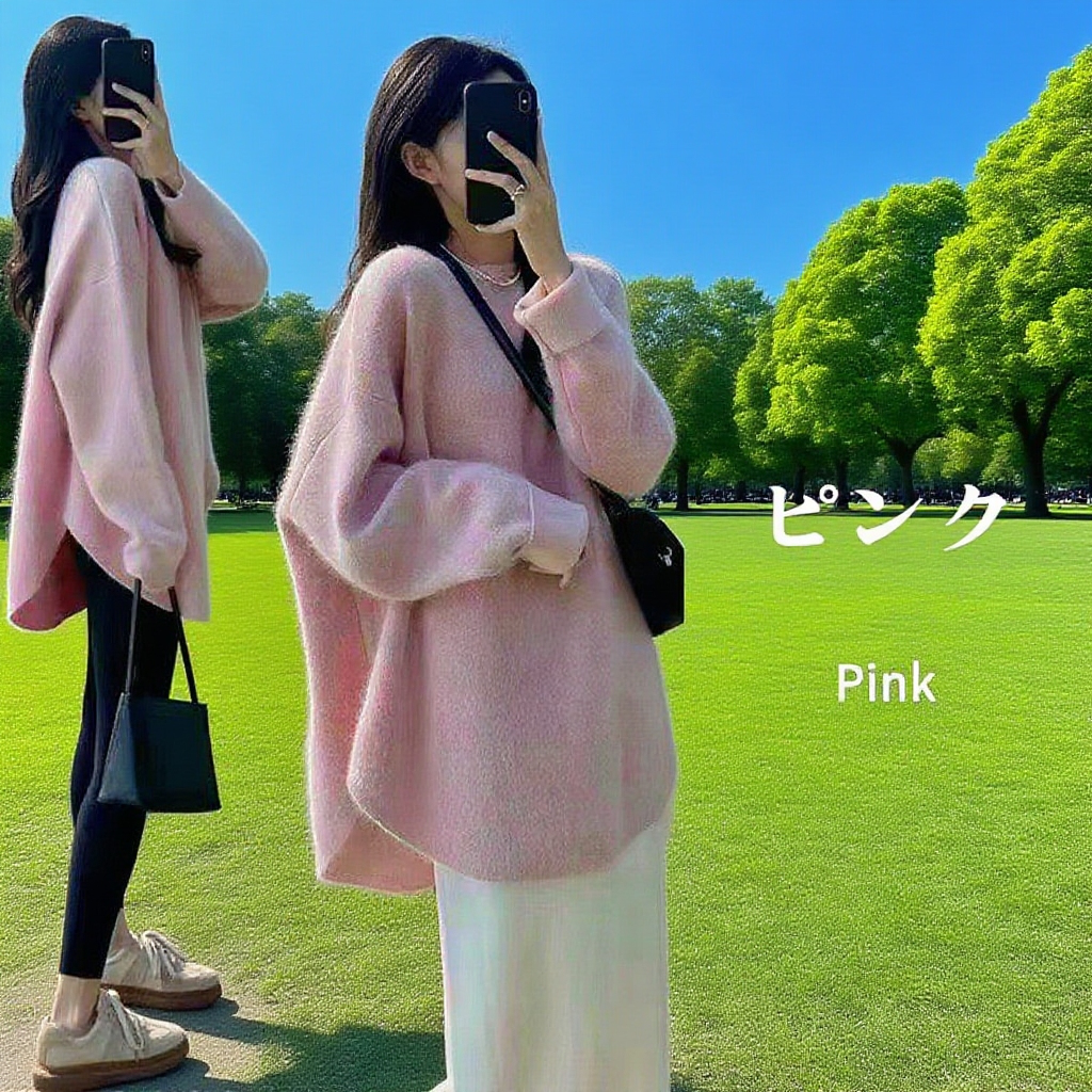 純色長袖クルーネックニットセーター前面画像