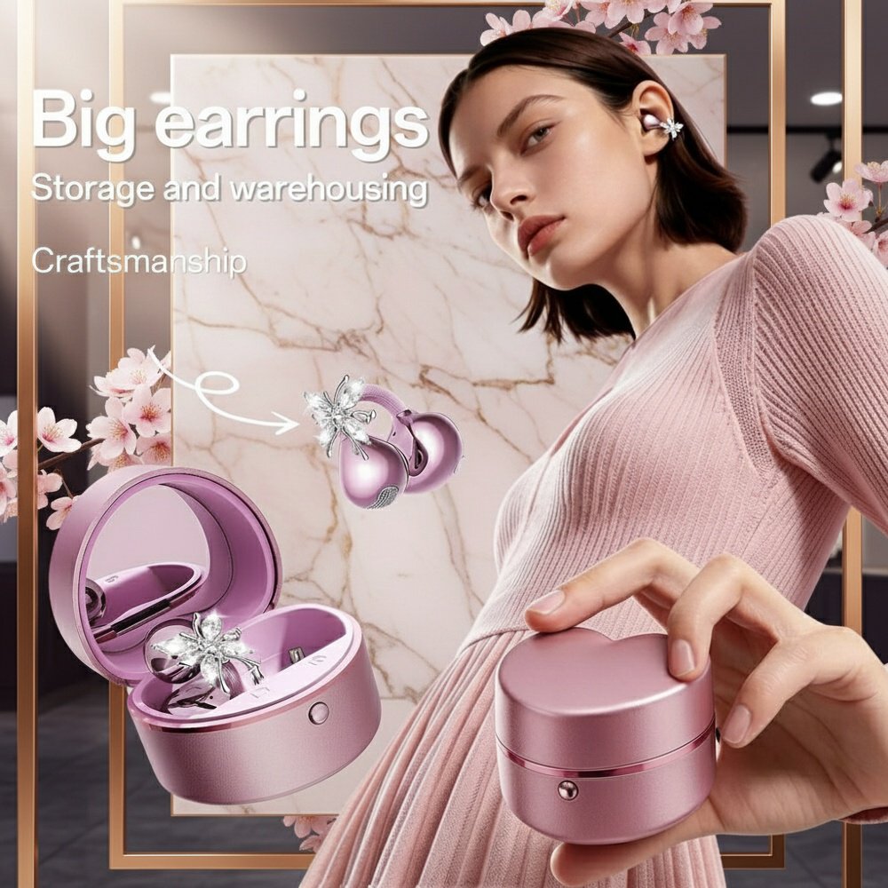 High-value wireless Bluetooth earbuds with butterfly ear clips, heart-shaped charging case, and make