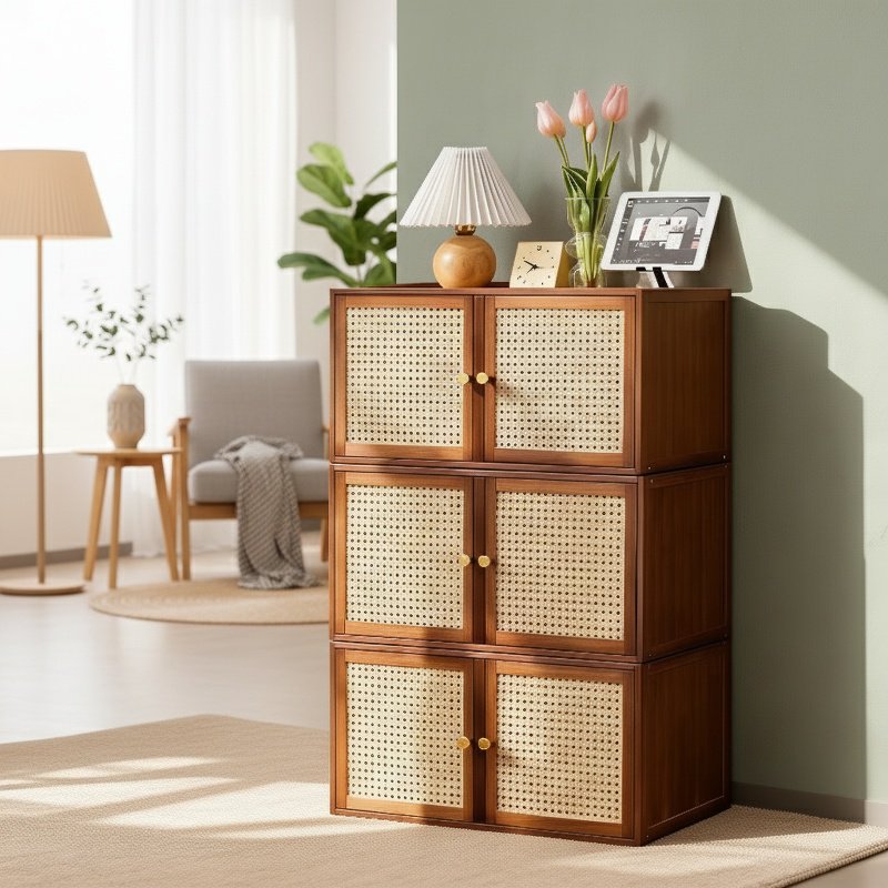 Détail des tiroirs de la bibliothèque en bois