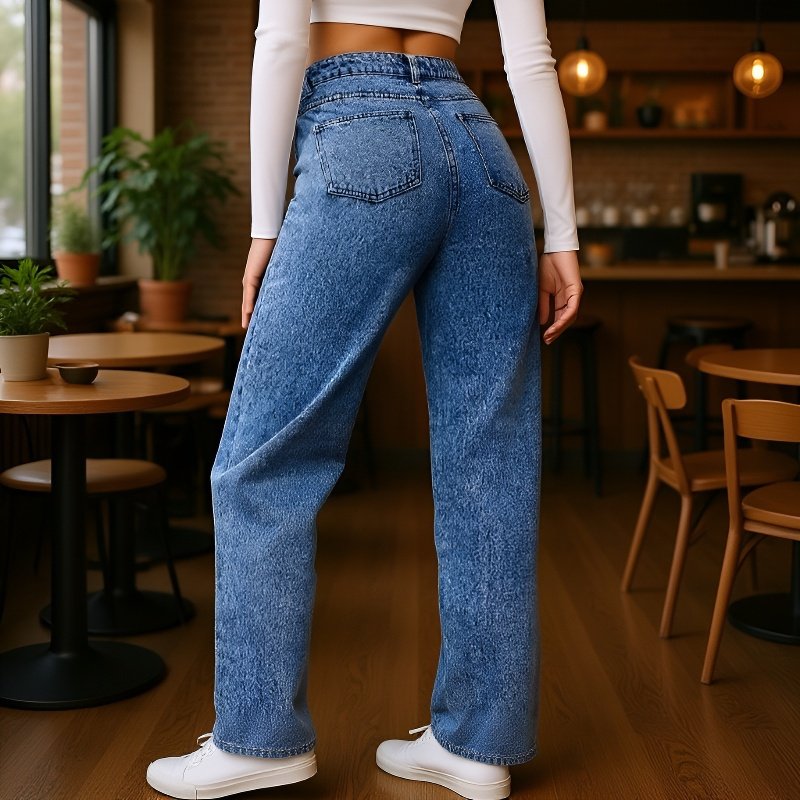 بنطلون جينز نسائي مستقيم ضيق بخصر مرتفع