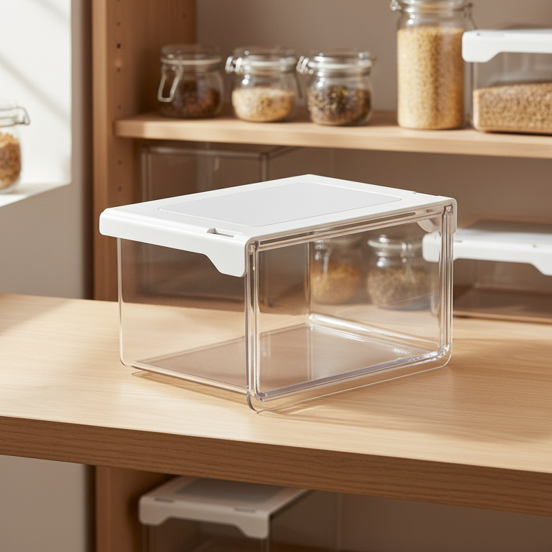 33°の傾斜角度で出し入れしやすいテーブル下収納ボックス。シンプルで透明な引き出し式で、オフィス、トイレ、洗面台、バスルームなどに最適な防水収納ボックスです。