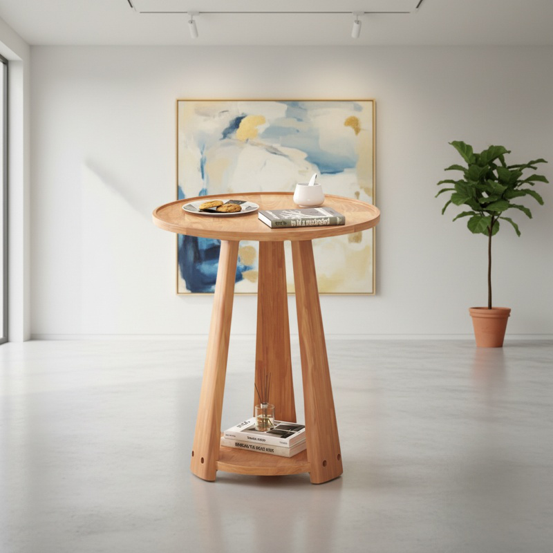 Double layer round solid wood coffee table for home