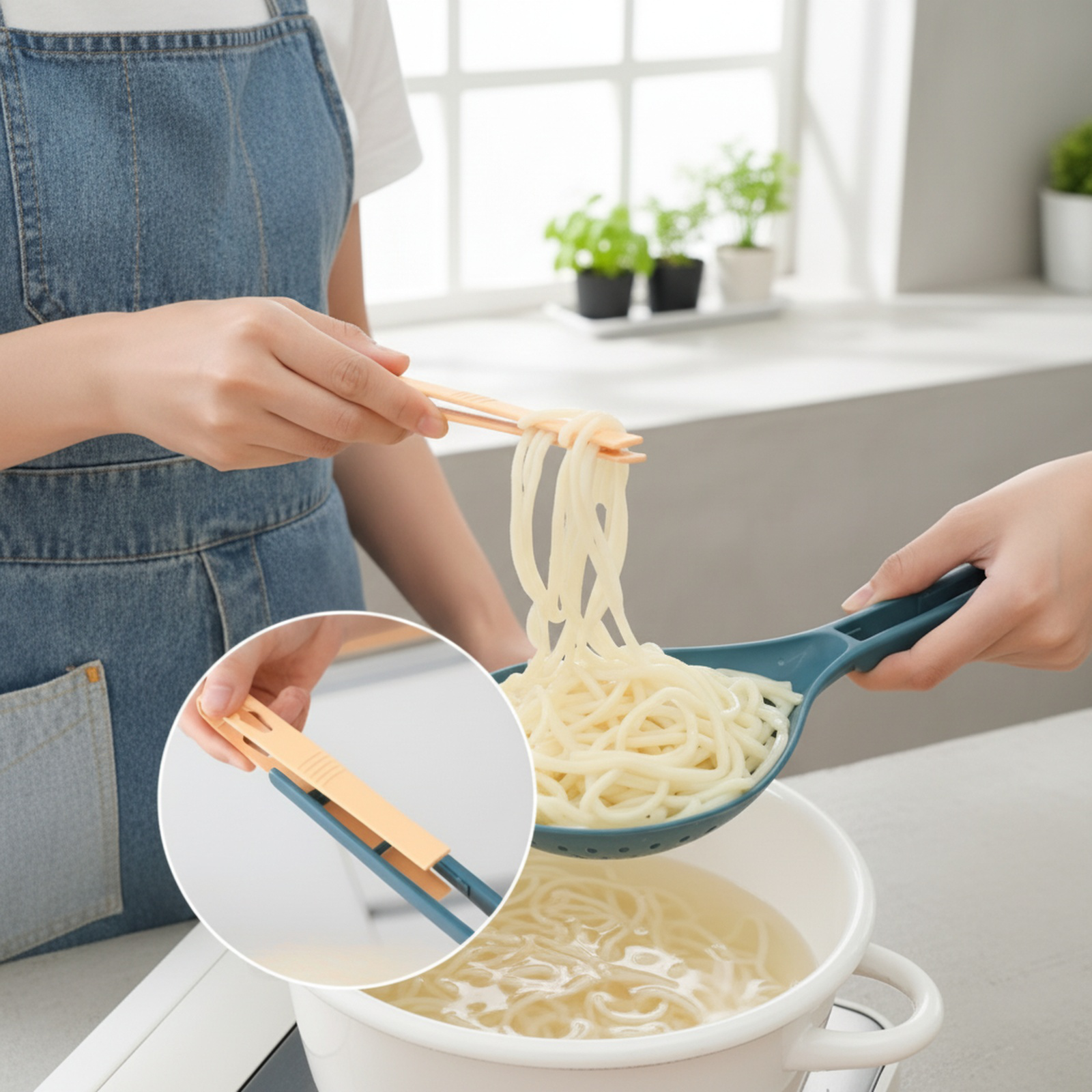 クリップ付き多機能麺すくい、耐熱ストレーナー、長い柄の大型プラスチックストレーナー、水切りストレーナー、餃子ストレーナー