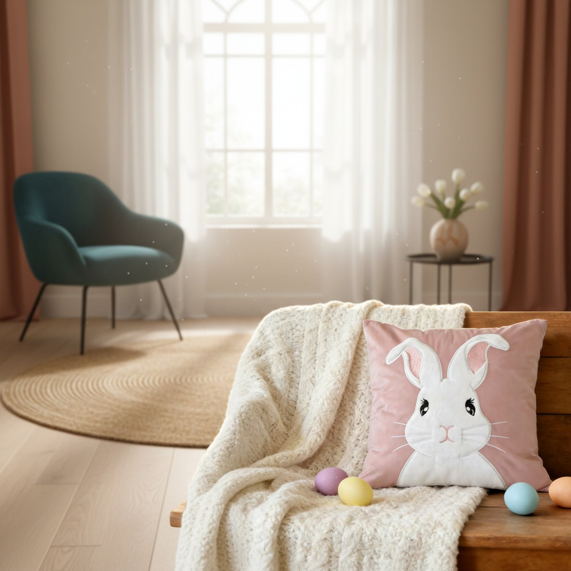 Spring holiday sofa decor with bunny pillow