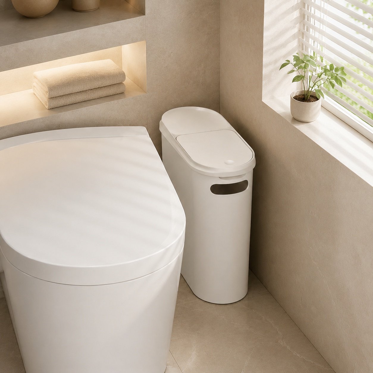 Slim trash can design fits narrow gaps
