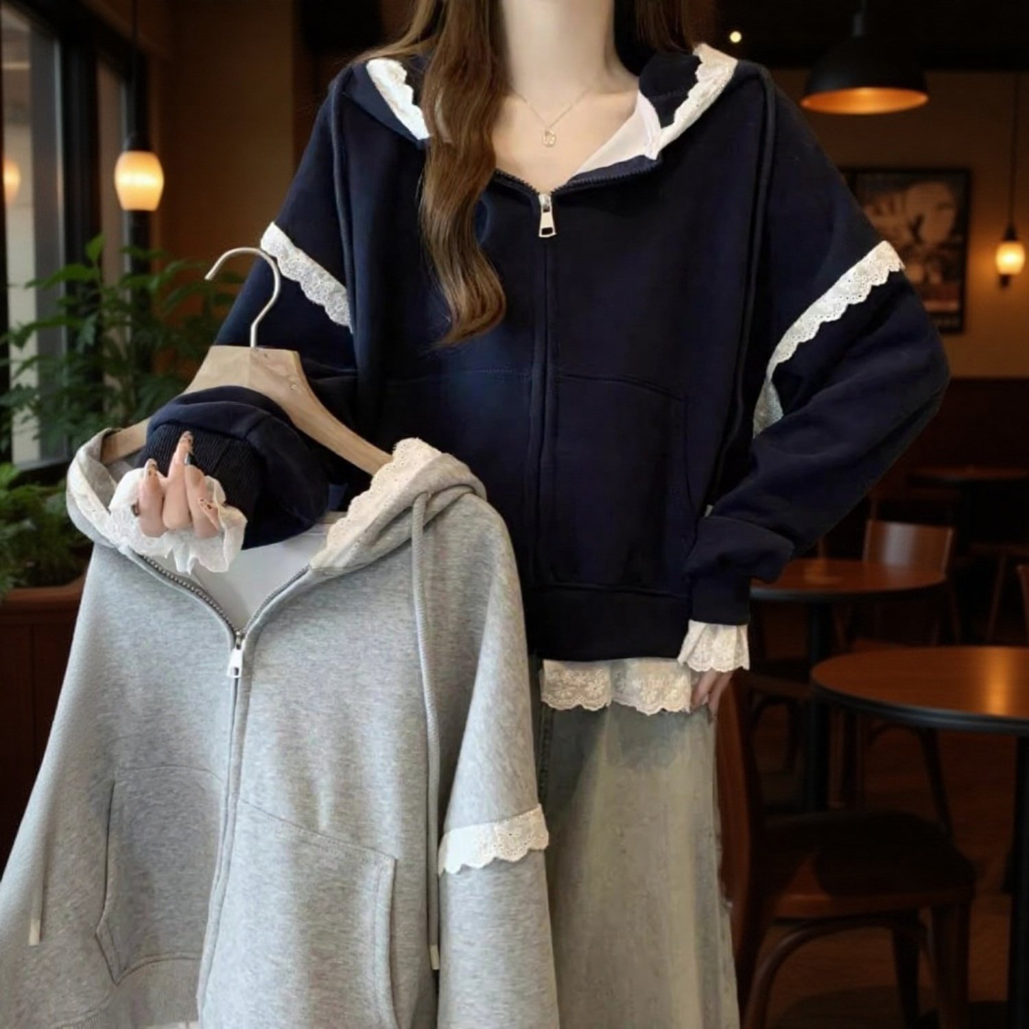 新作レースフード付きジップアップパーカーぽっちゃり体型カバー上着
