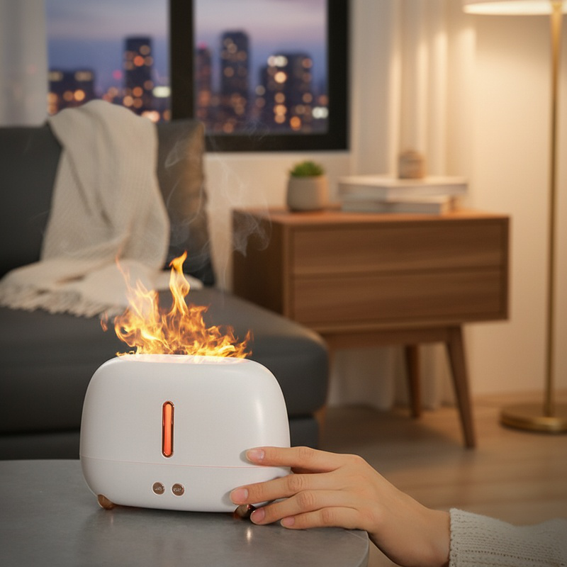 Humidificateur et diffuseur d'arômes à flamme colorée USB