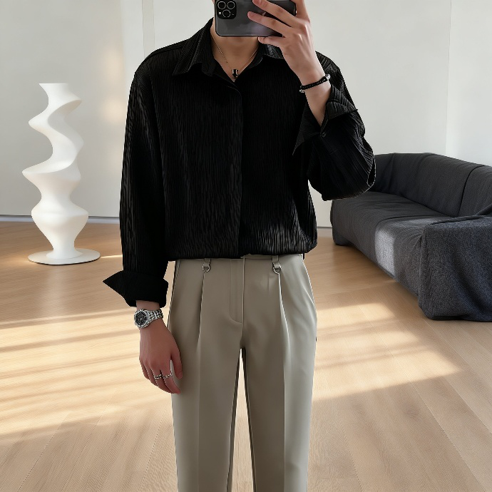 高品質の長袖メンズシャツ正面画像