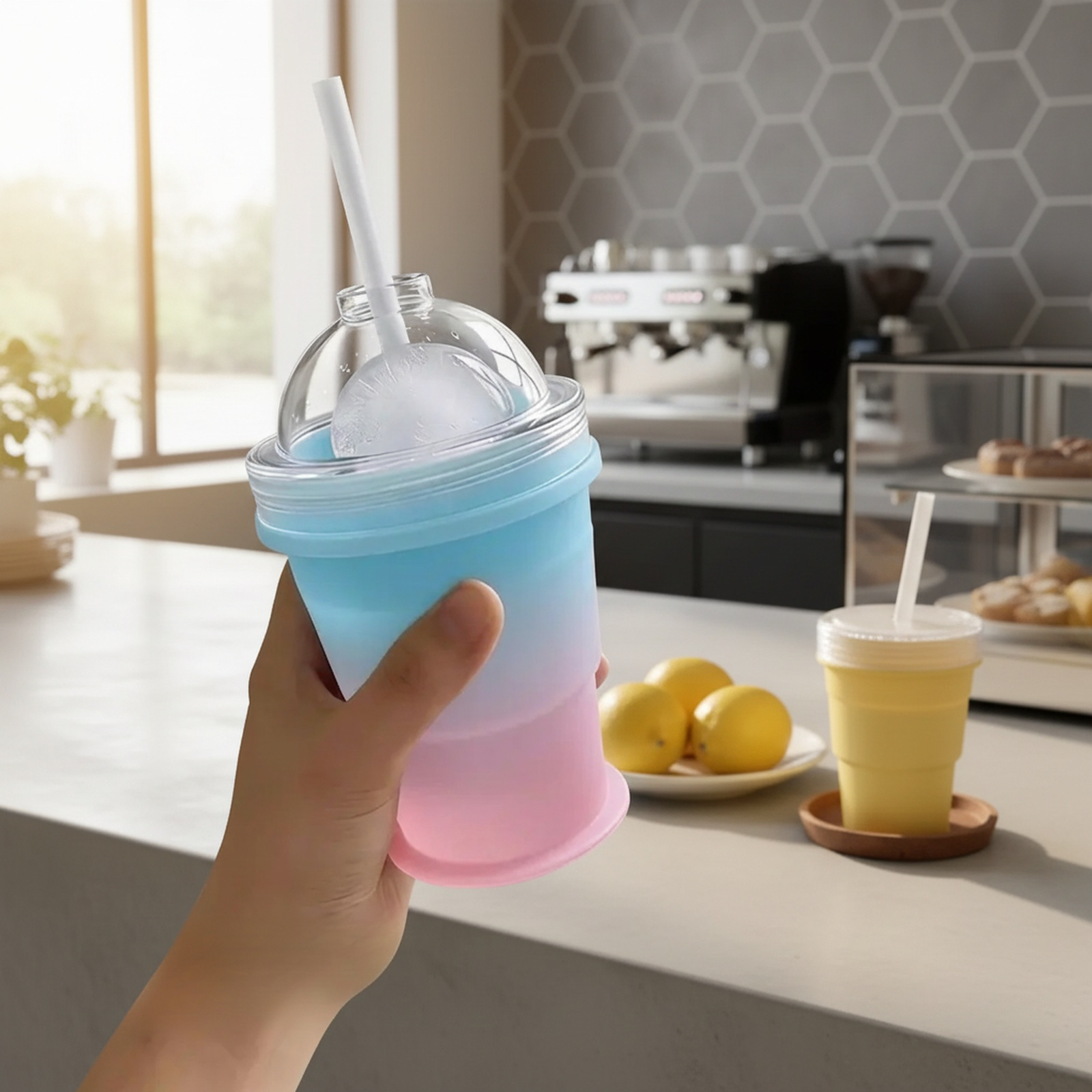 持ち運び可能な折りたたみ式アイスホッケーカップ。ストロー内蔵、食品グレードのシリコン製製氷カップ型付き。夏のアウトドアに最適です。