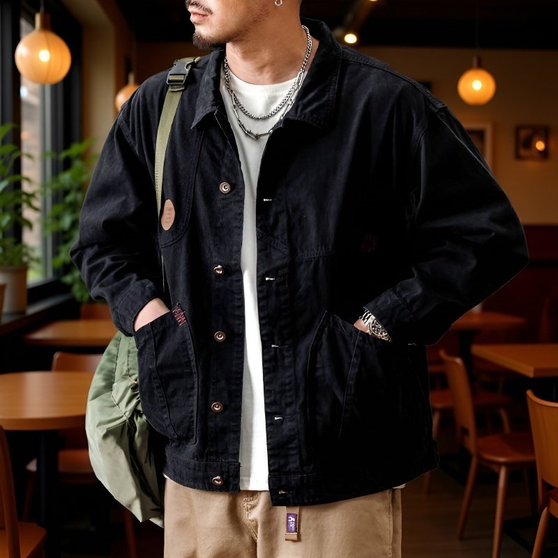 남자 헤비 박시 데님 상의 코트 카고 점퍼 박시 사파리 점퍼