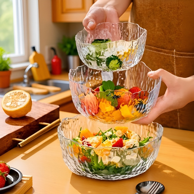 Clear glass hammered Japanese fruit bowl for salads