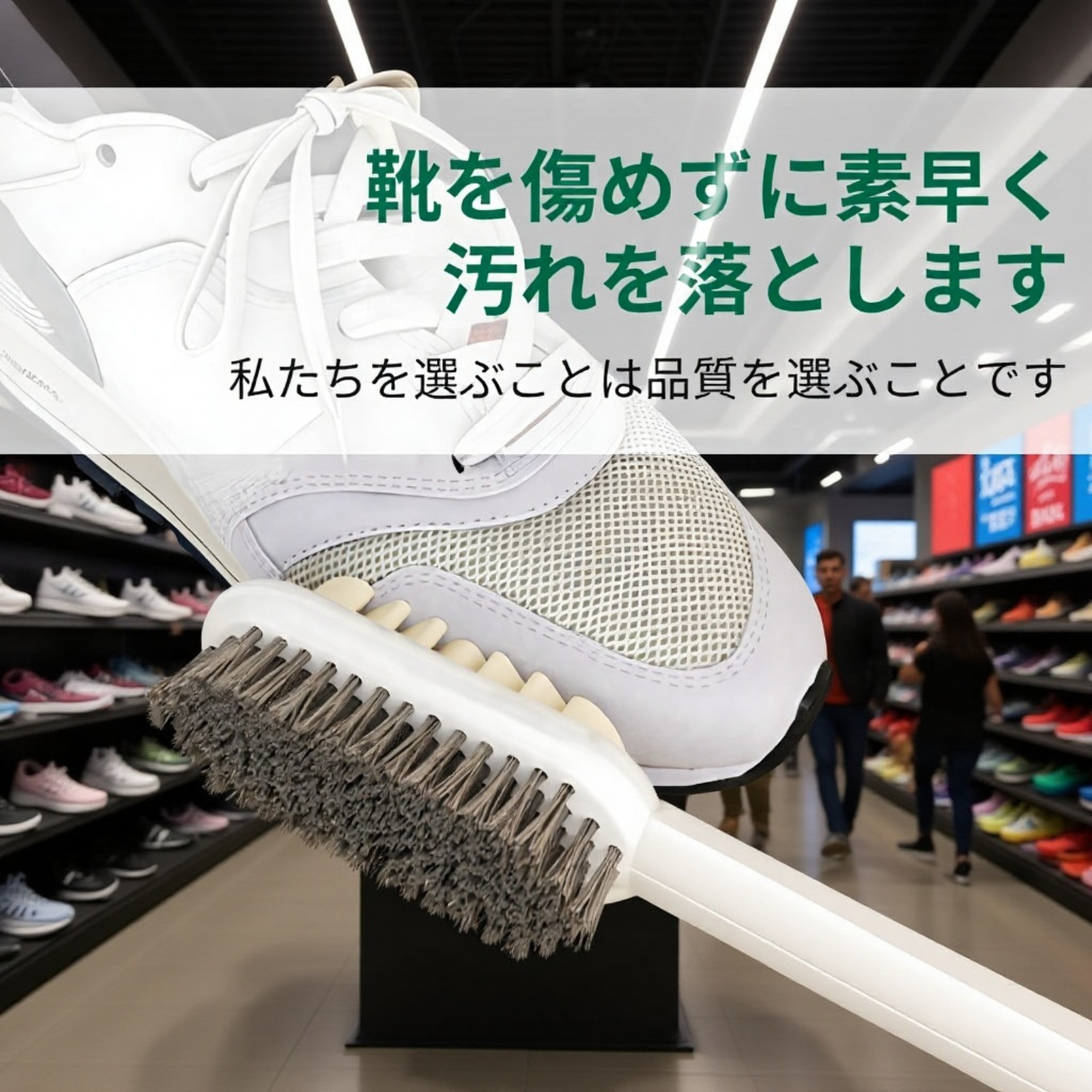 ゴム製靴ブラシで車シートを清掃する様子