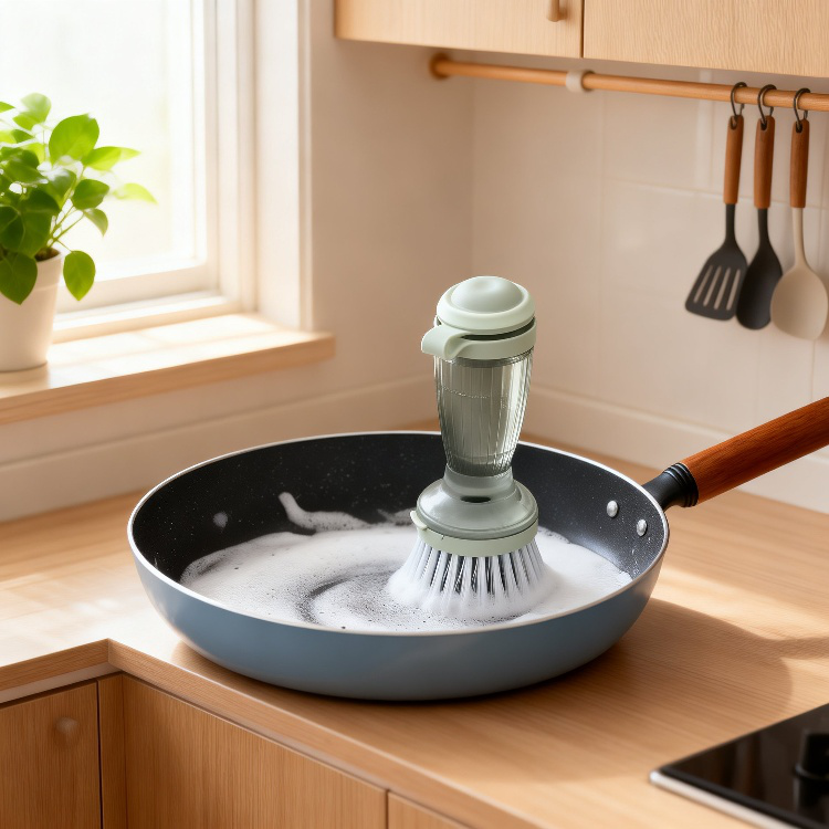 詰め替え式たわしで食器を洗っている様子