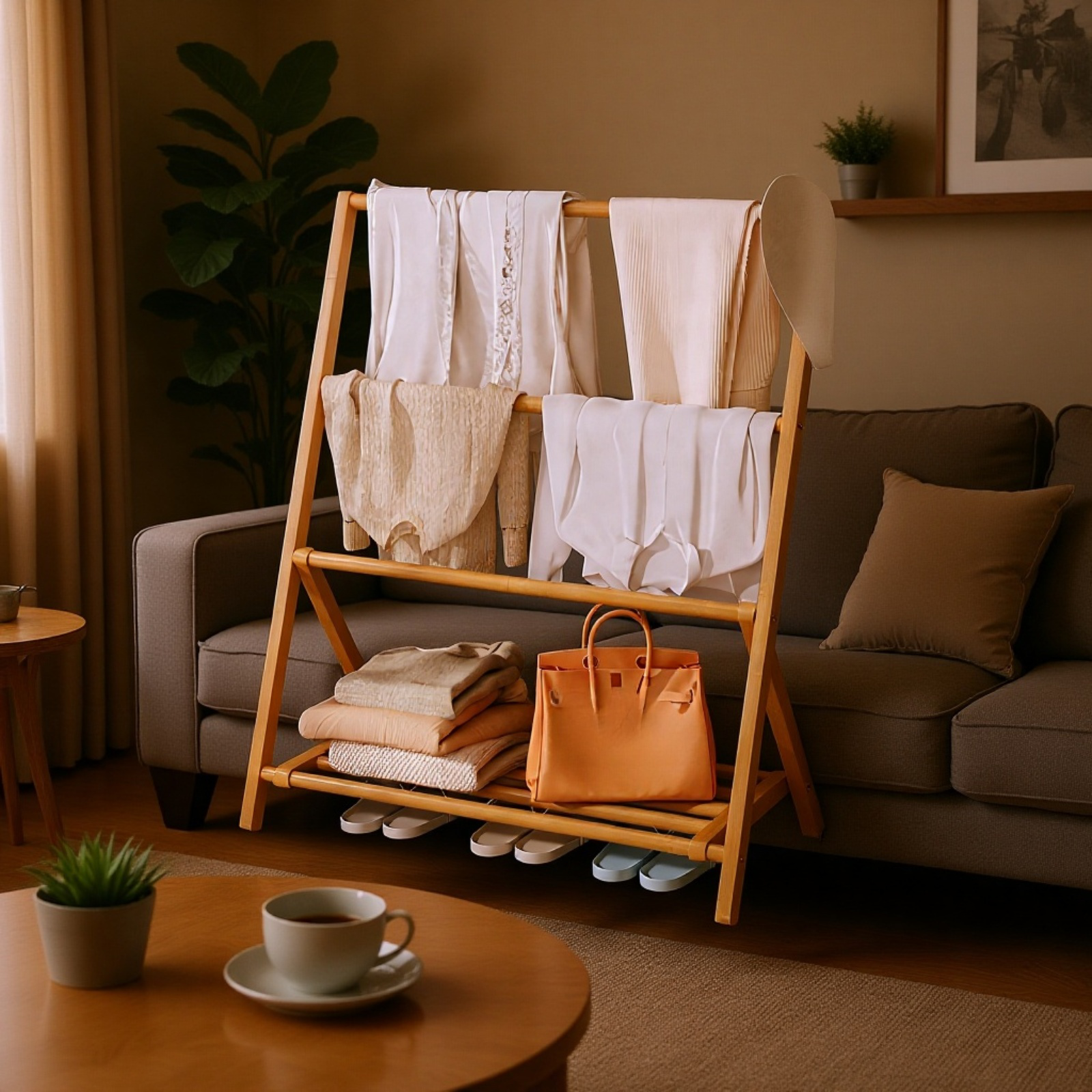 竹制折叠室内衣帽架 晾衣架  シンプル オシャレ 简易衣架 天然材质 无异味 方便收纳 一人暮らし 新生活応援