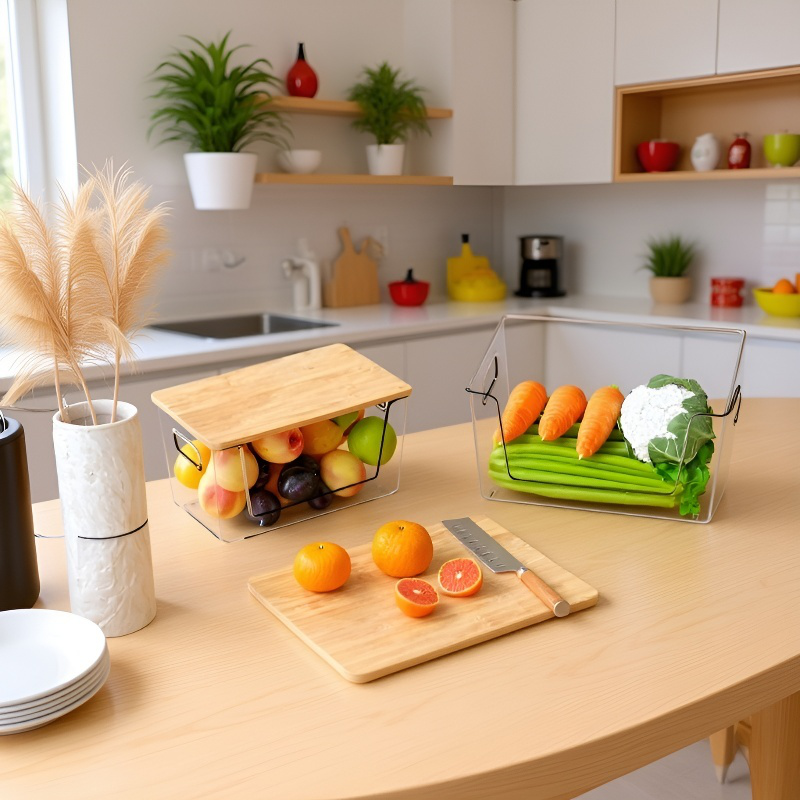  대용량 대나무 뚜껑 PET 다층 투명 수납함