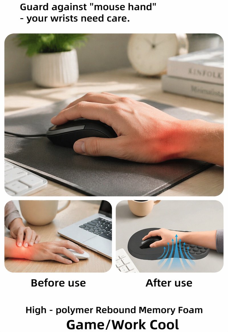 Pure black mouse pad featuring foamed PU base and wrist cushion
