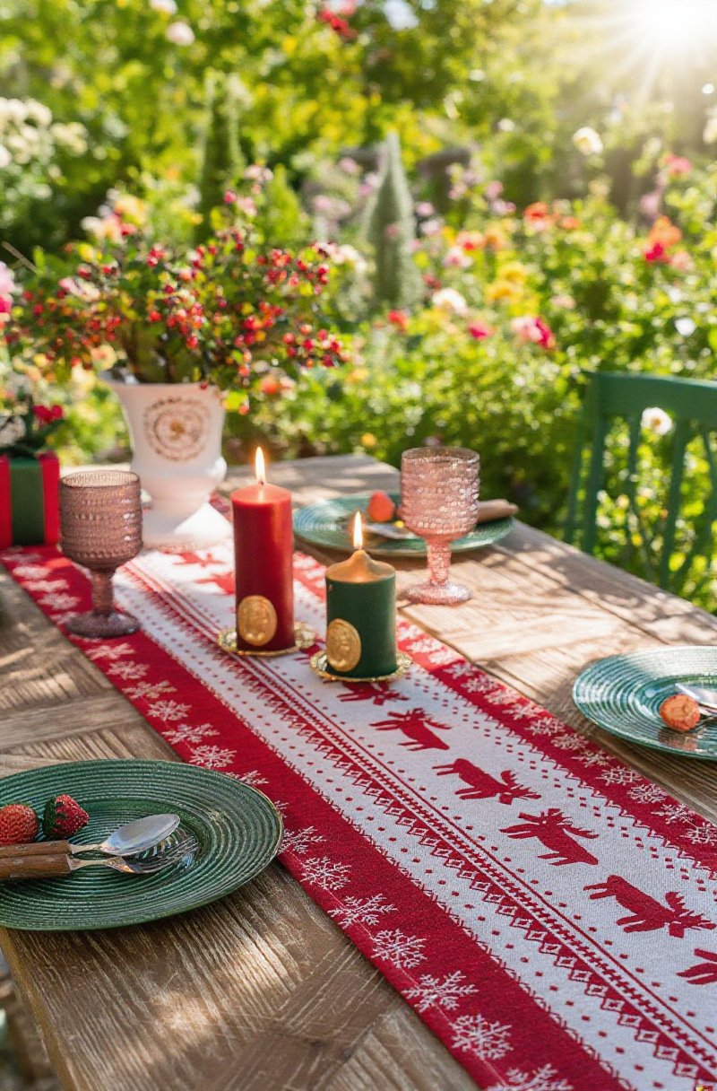 イベント会場で使用されている赤いジャカードのテーブル旗