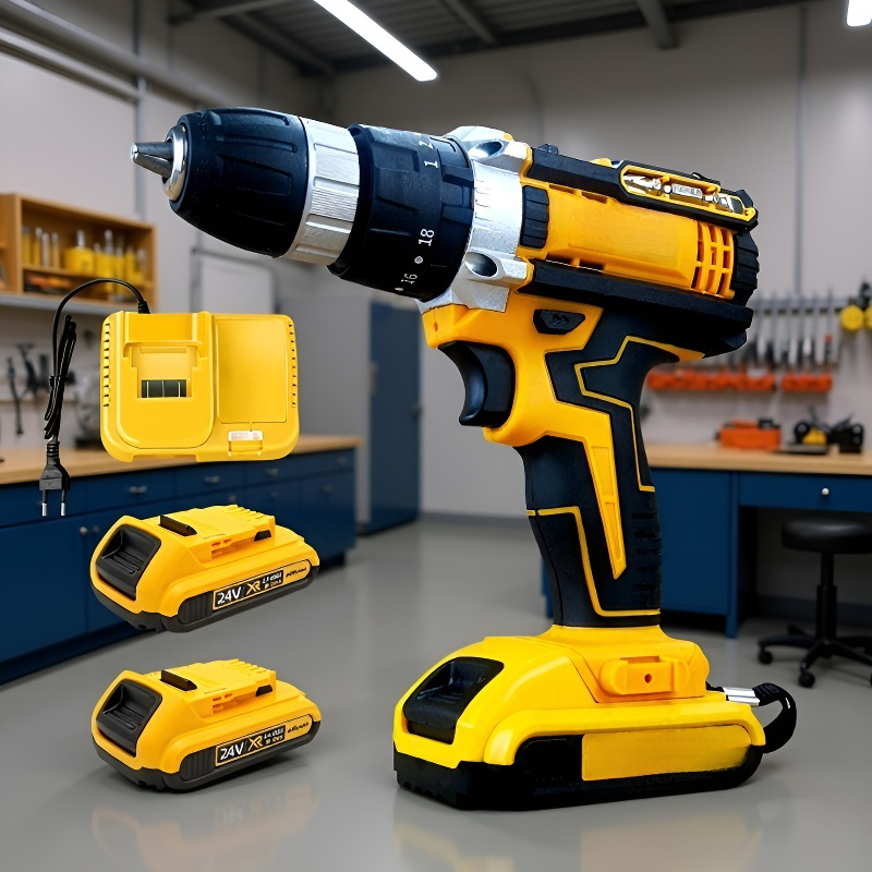 24V-os sárga akkumulátoros szerszámcsomag, elektromos fúrógéppel