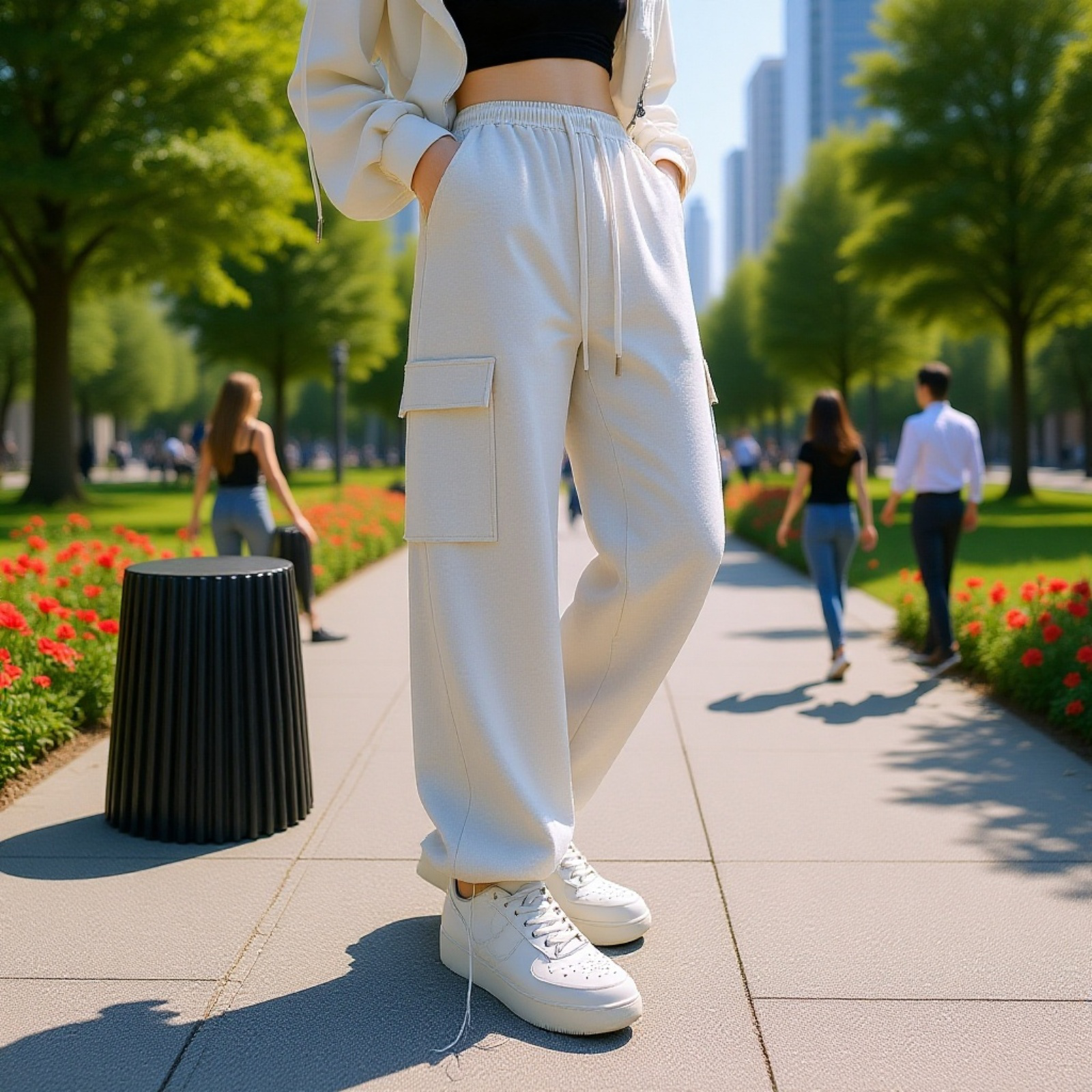 レディースワークパンツ ゆったり厚手 ポケット付き ゴムウエスト