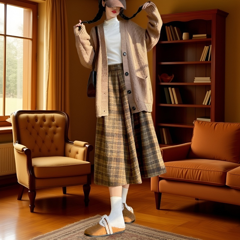 키 작은 가을 겨울 하이웨스트 모직 스커트 미디 체크 우산 스커트