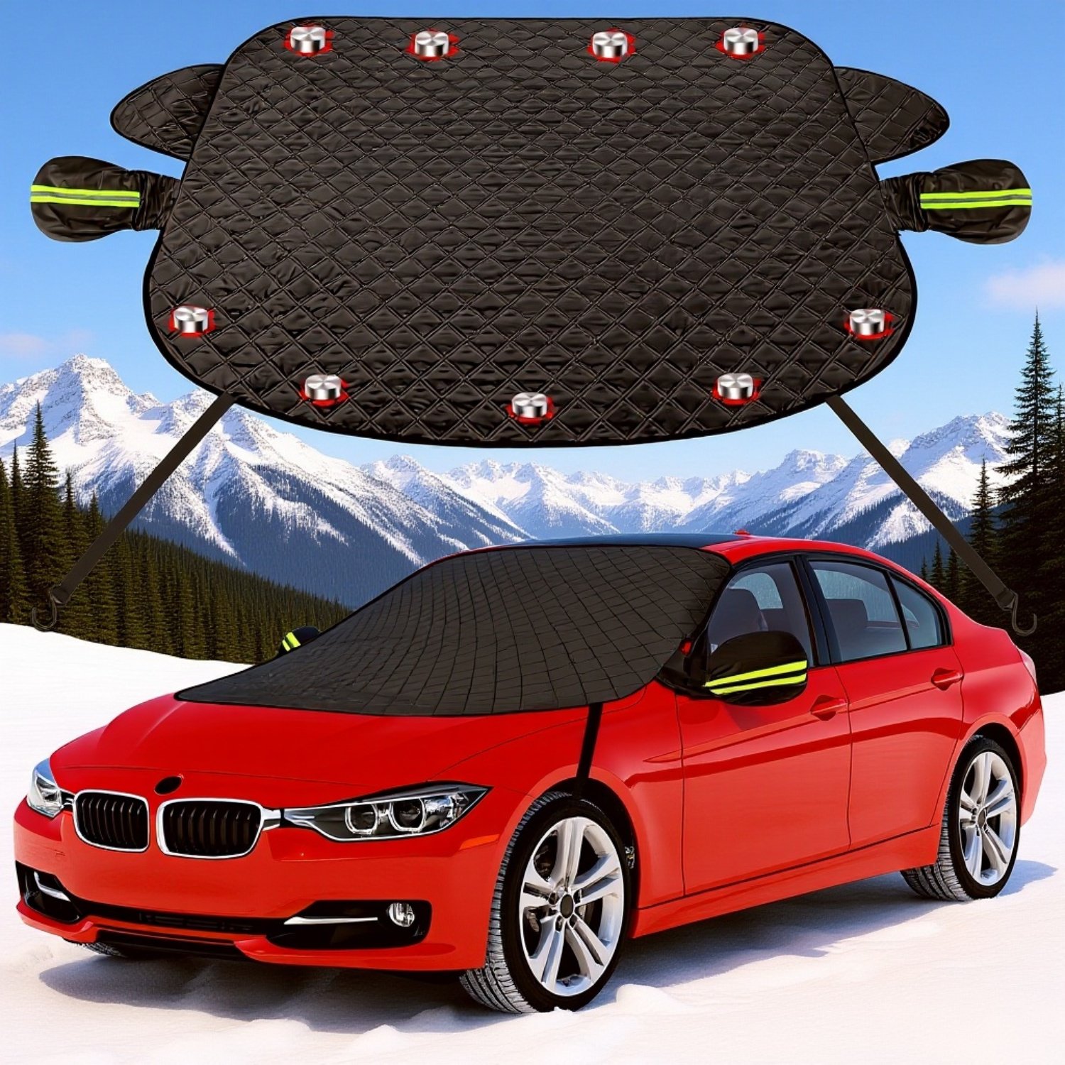 車のフロントガラスに取り付けた防風雪カバー