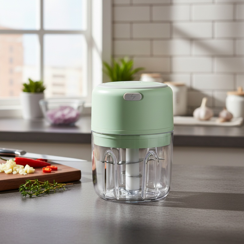 Household mini food processor chopping garlic