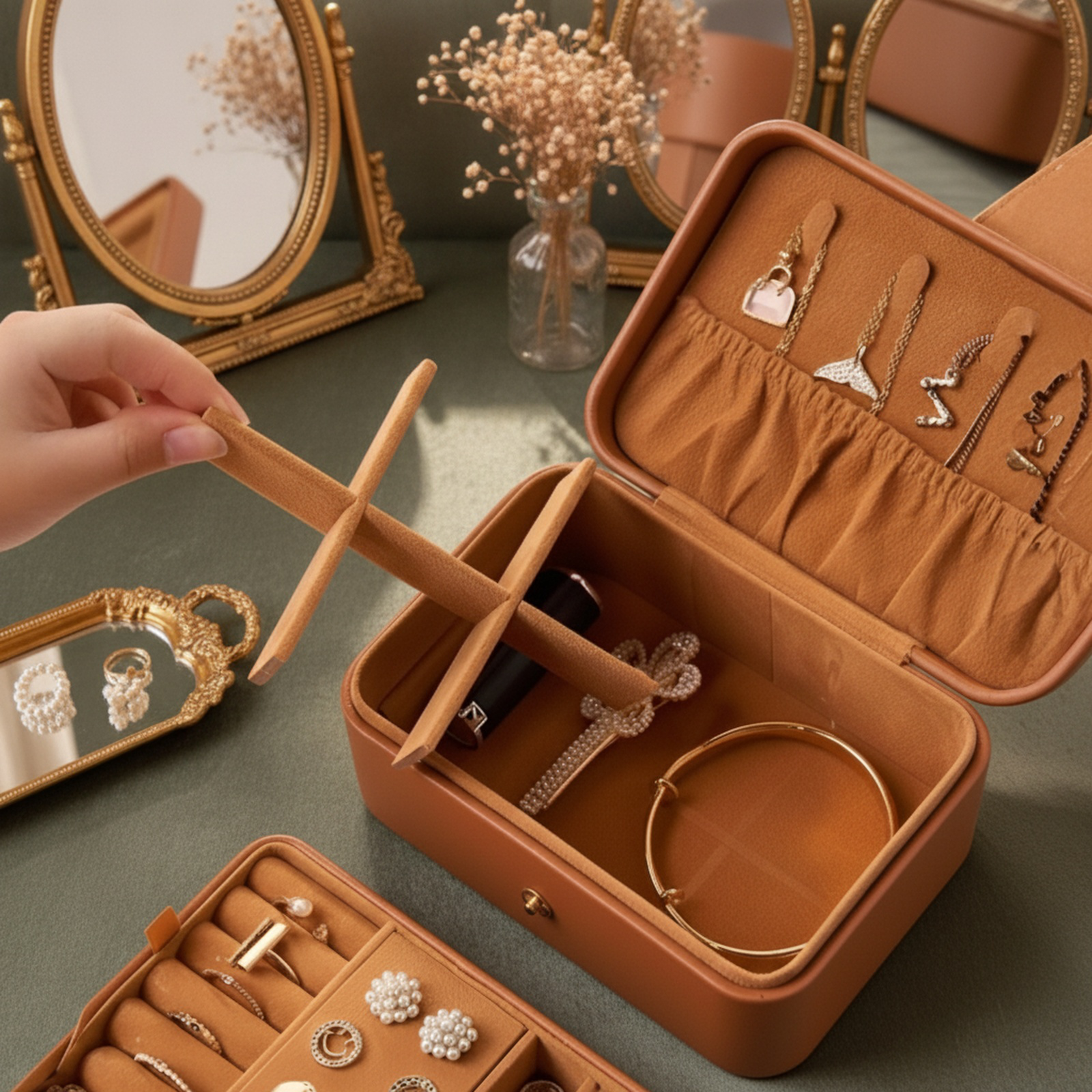 Portable Double-Layer Leather Jewelry Organizer