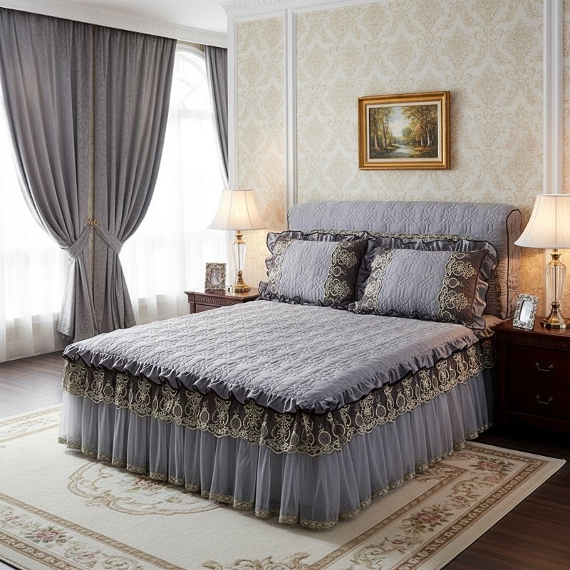 Cross Border Bed Skirt 3-Piece Set displayed on modern bed