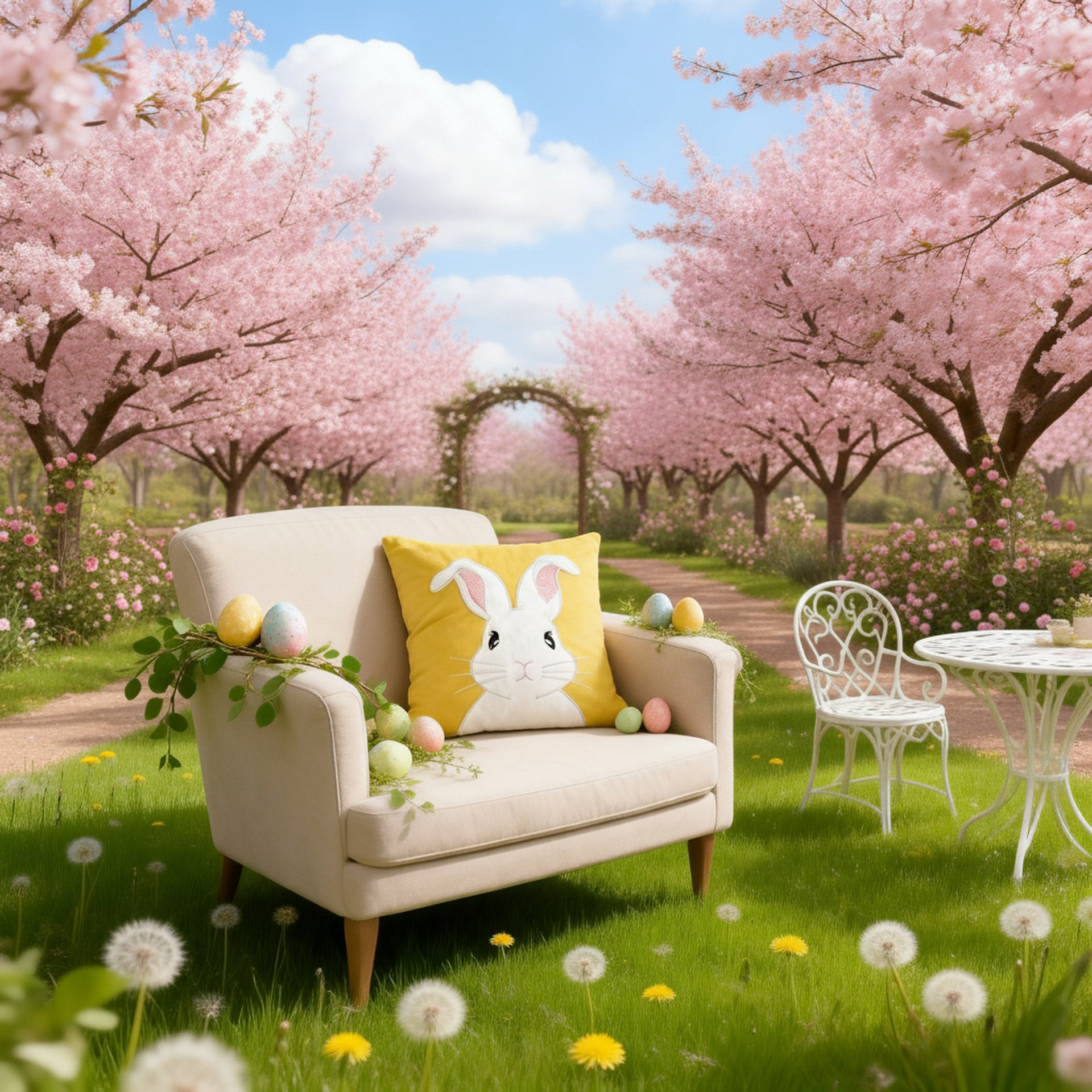 Festive living room with Easter bunny cushion