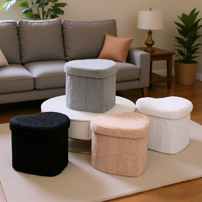 Tabouret de rangement multifonctionnel en forme de cœur, tissu Teddy, format compact