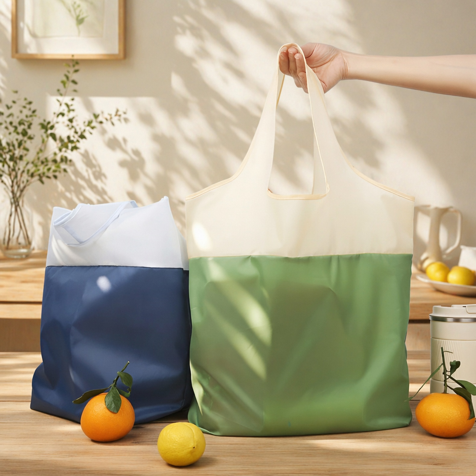 Detalle del material impermeable de la bolsa de compras
