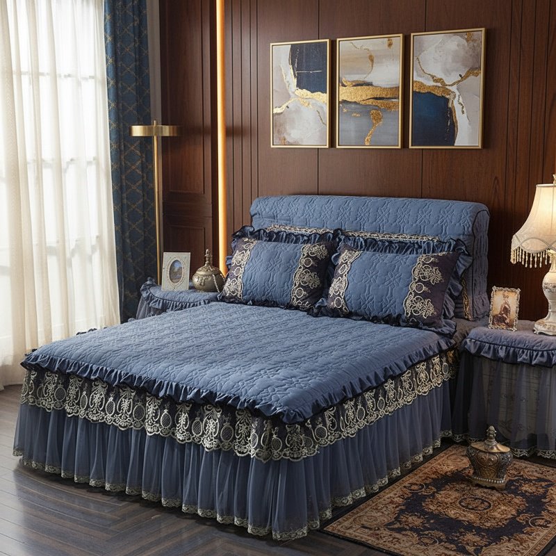 Elegant bed skirt and pillow shams in stylish bedroom