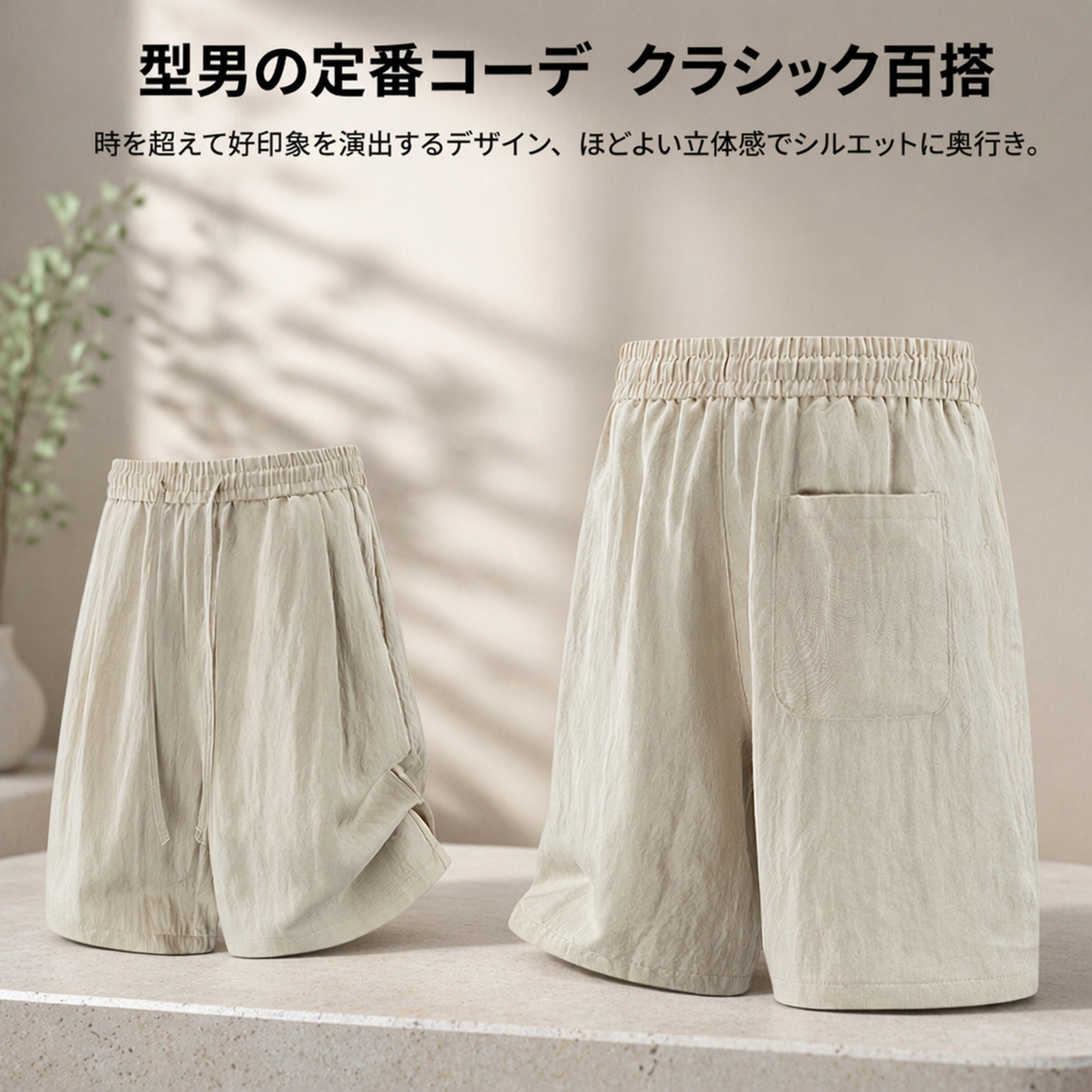 【冷感テンセルリネン】メンズ五分丈パンツ 軽量ゆったりショートパンツ