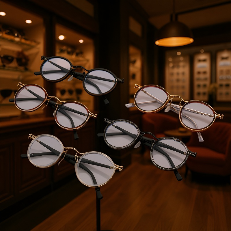 レトロラウンドフレームのスイープブラックストームメガネ正面画像