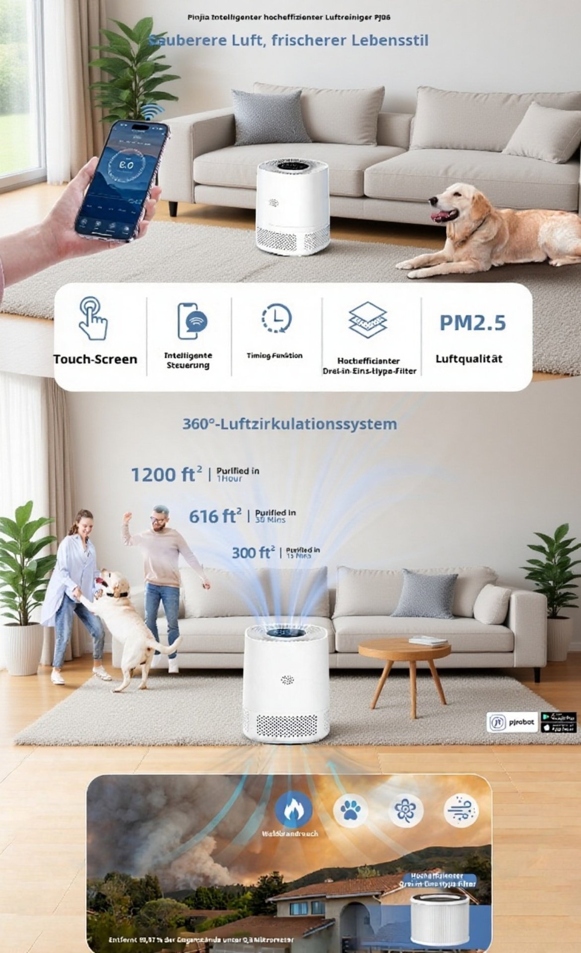 Wifi intelligenter Luftreiniger im modernen Wohnzimmer