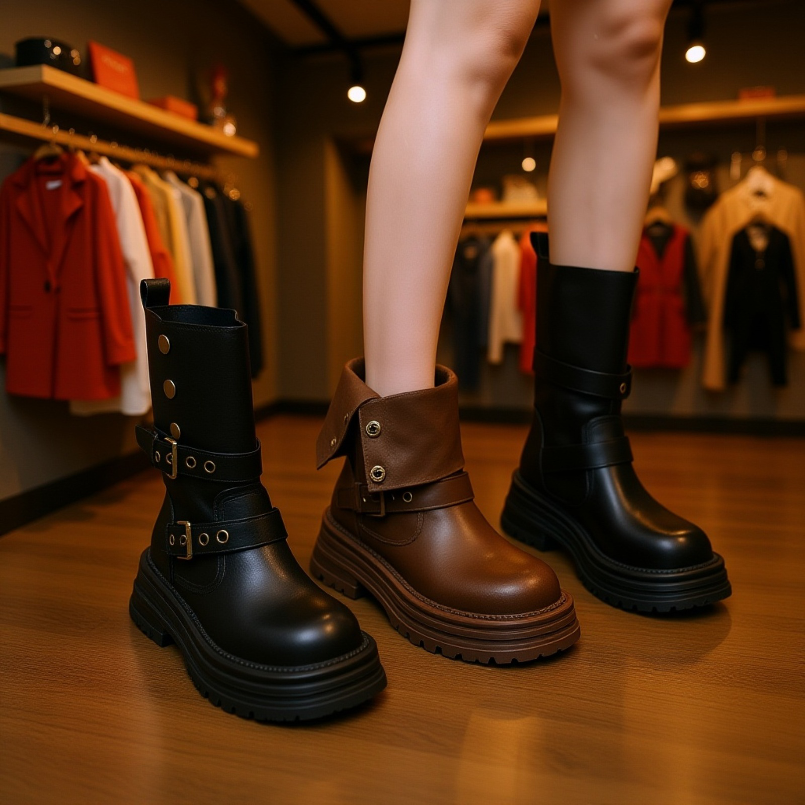 英国風ブーツ、女性用、2025年春秋新作、シングルブーツ、レトロレディースシューズ、ミドルブーツ、厚底ブラックショートブーツ