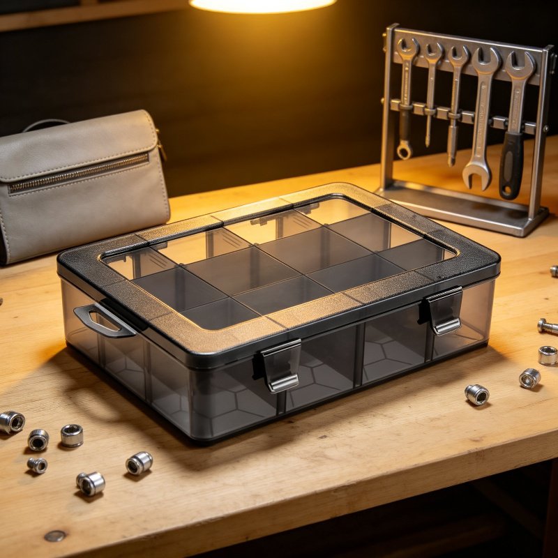 Caja de almacenamiento con rejillas para componentes y accesorios electrónicos